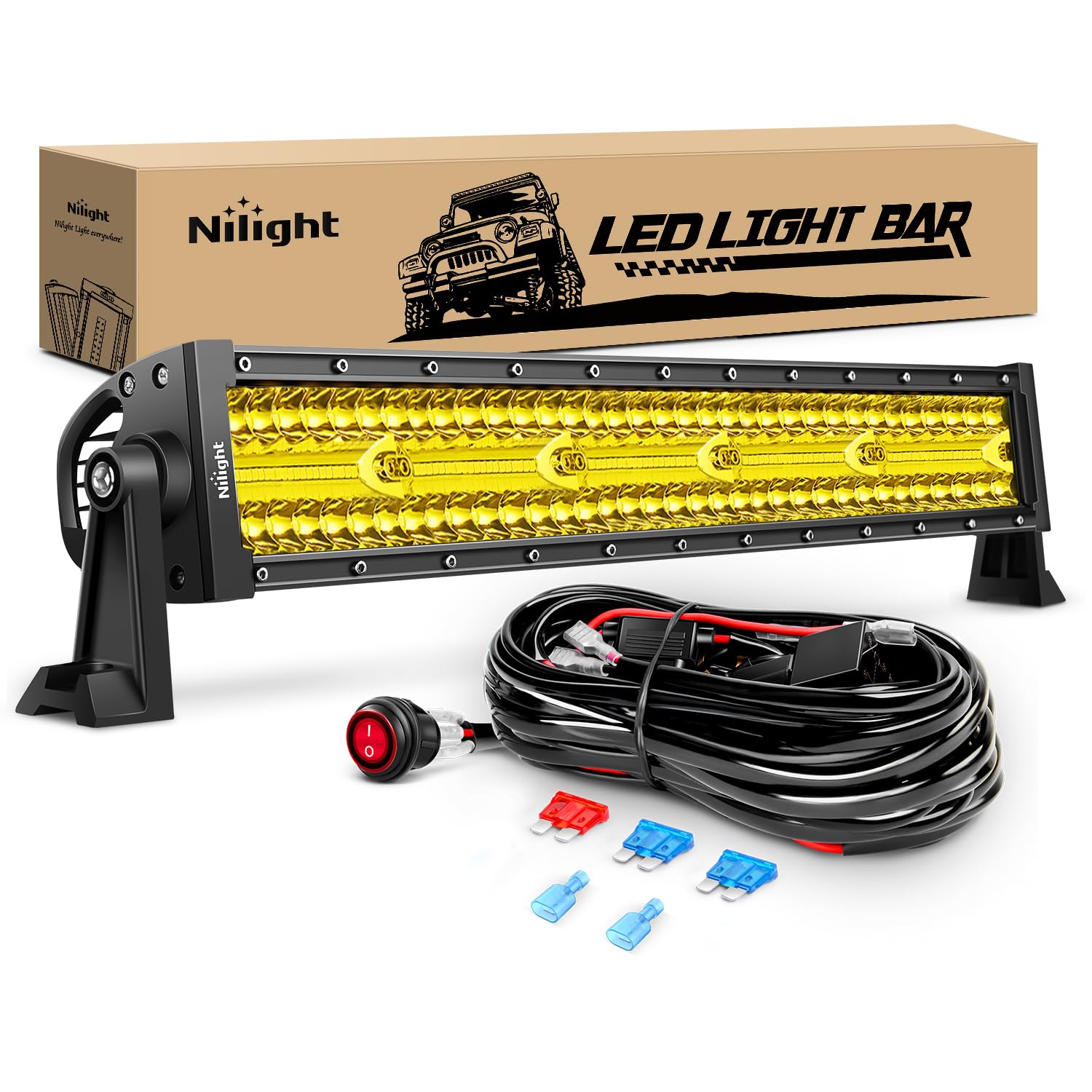 Nilight Amber Led Light Bar 22Inch 480W Triple Row Flood Spot Combo Waterproof Off Road Driving Lighting With Off-Road Wiring Ha