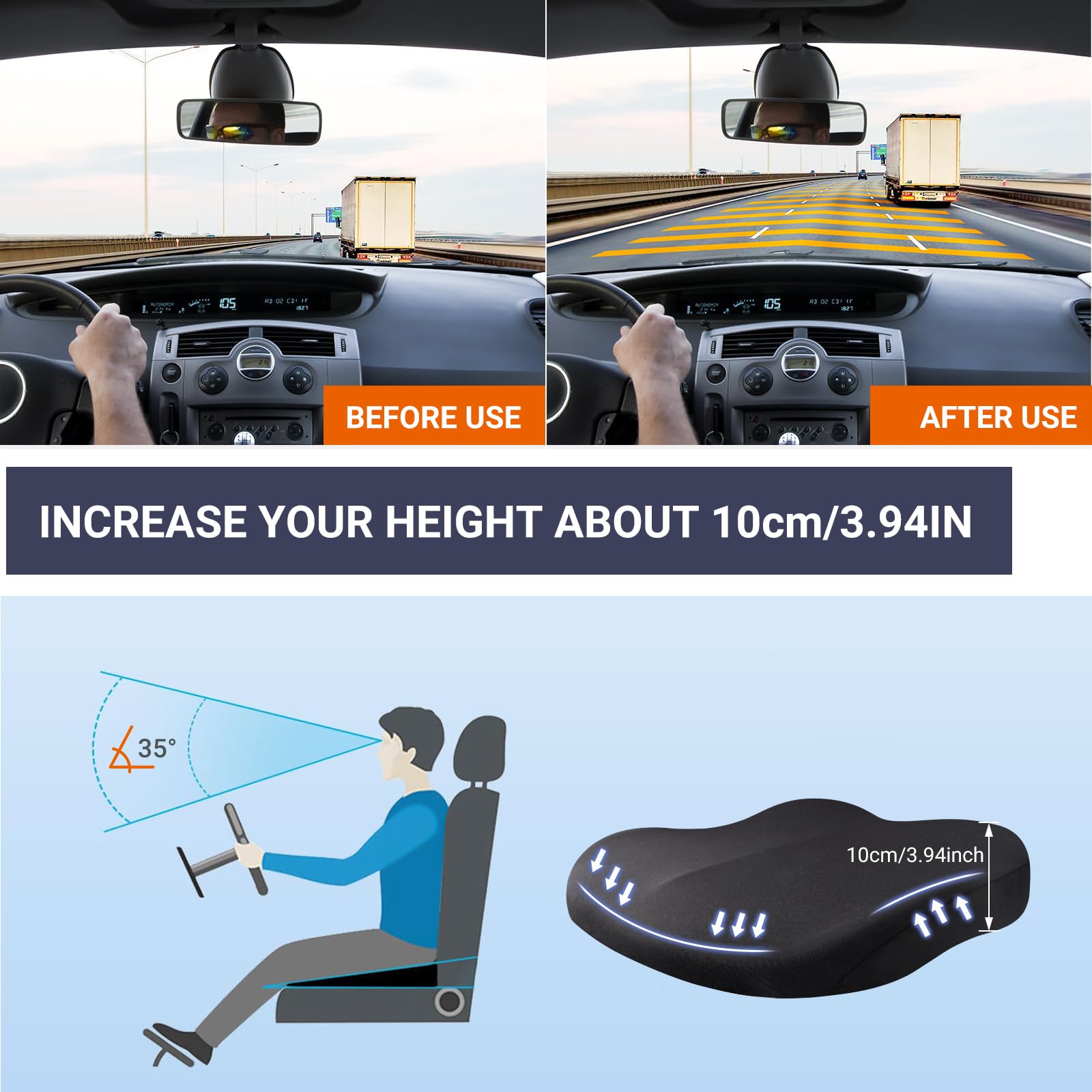Putniu Adult Booster Car Seat Cushion - Wedge Memory Foam Pad, Increases Height by 3.94", Black, Model A1 - Ideal for Long Trips