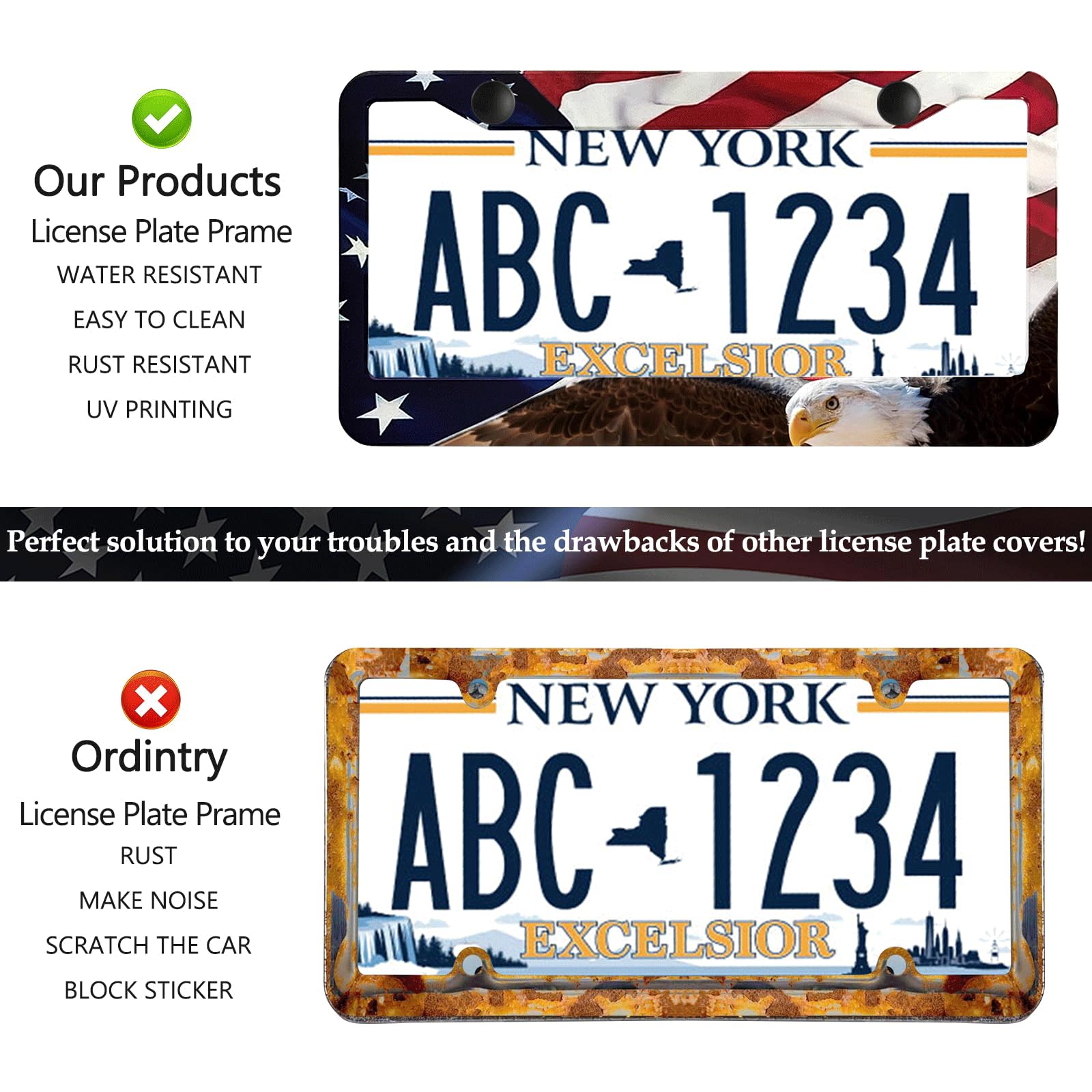 Lin Kang American Flag Eagle License Plate Frame Holder - 2 Pack Patriotic Universal Aluminum Matte Stripe Us Flag Gloss Car Pla