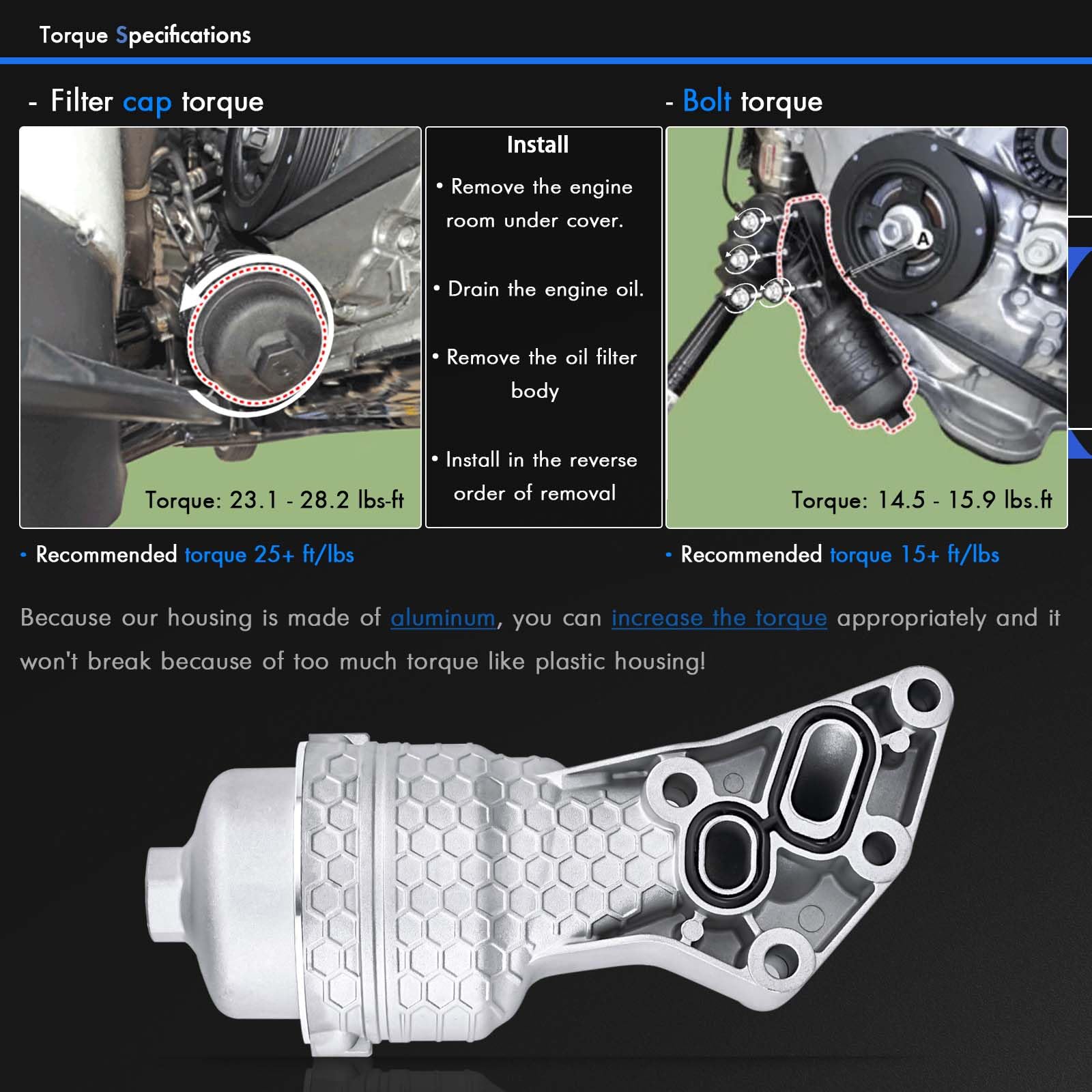 RANHAOYUYUL Aluminum Oil Filter Assembly Kit for Hyundai Palisade, Genesis G80, Kia Telluride, Silver, Model 26300-3LAA0