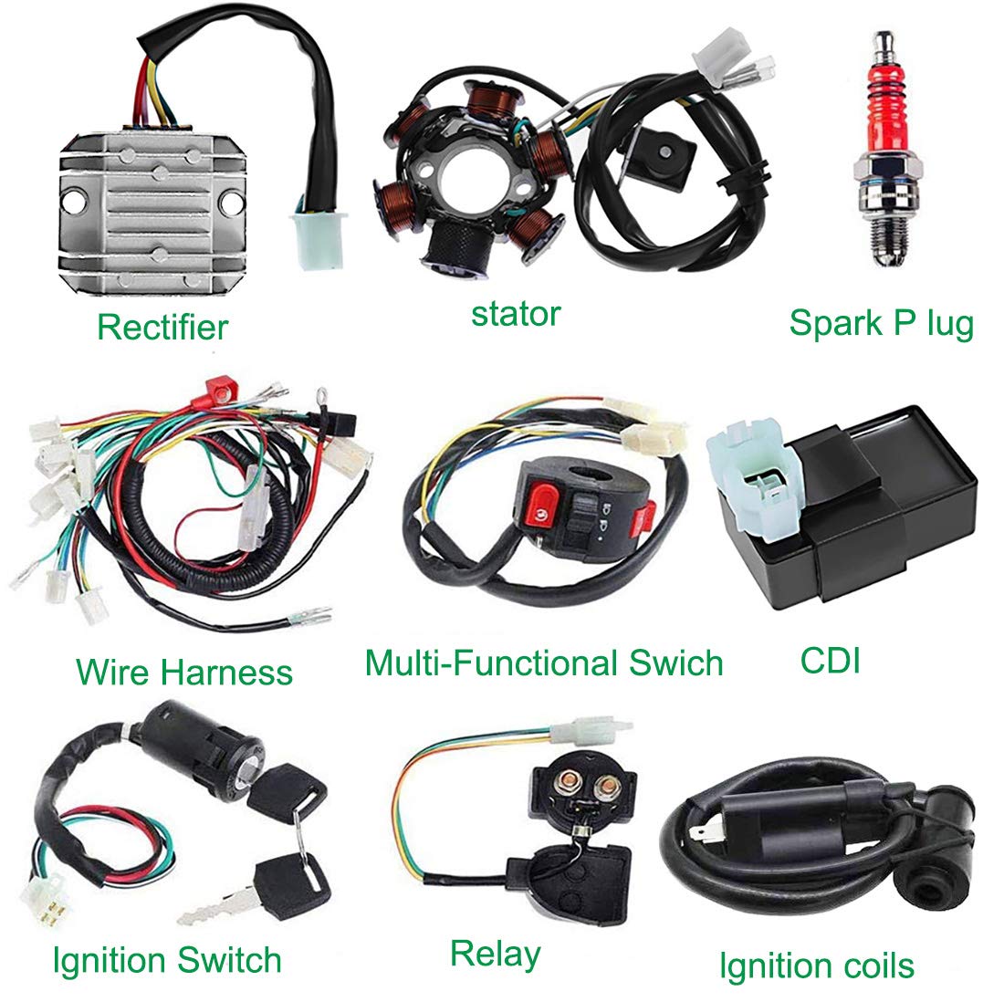 HOOTO Complete Wiring Harness Kit for ATV Quad 50cc-125cc, Black, GY6 Model, Includes Stator Coil, CDI, Relay, Spark Plug