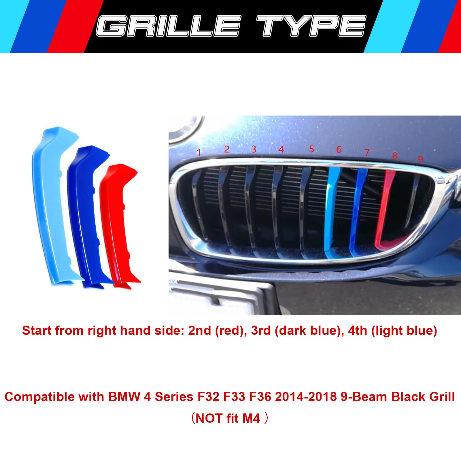 Xotic Tech M-Colored Tri Grille Insert Trims Strips, Front Center Kidney Grilles Compatible with BMW F32 F33 F36 4 Series M-Spor