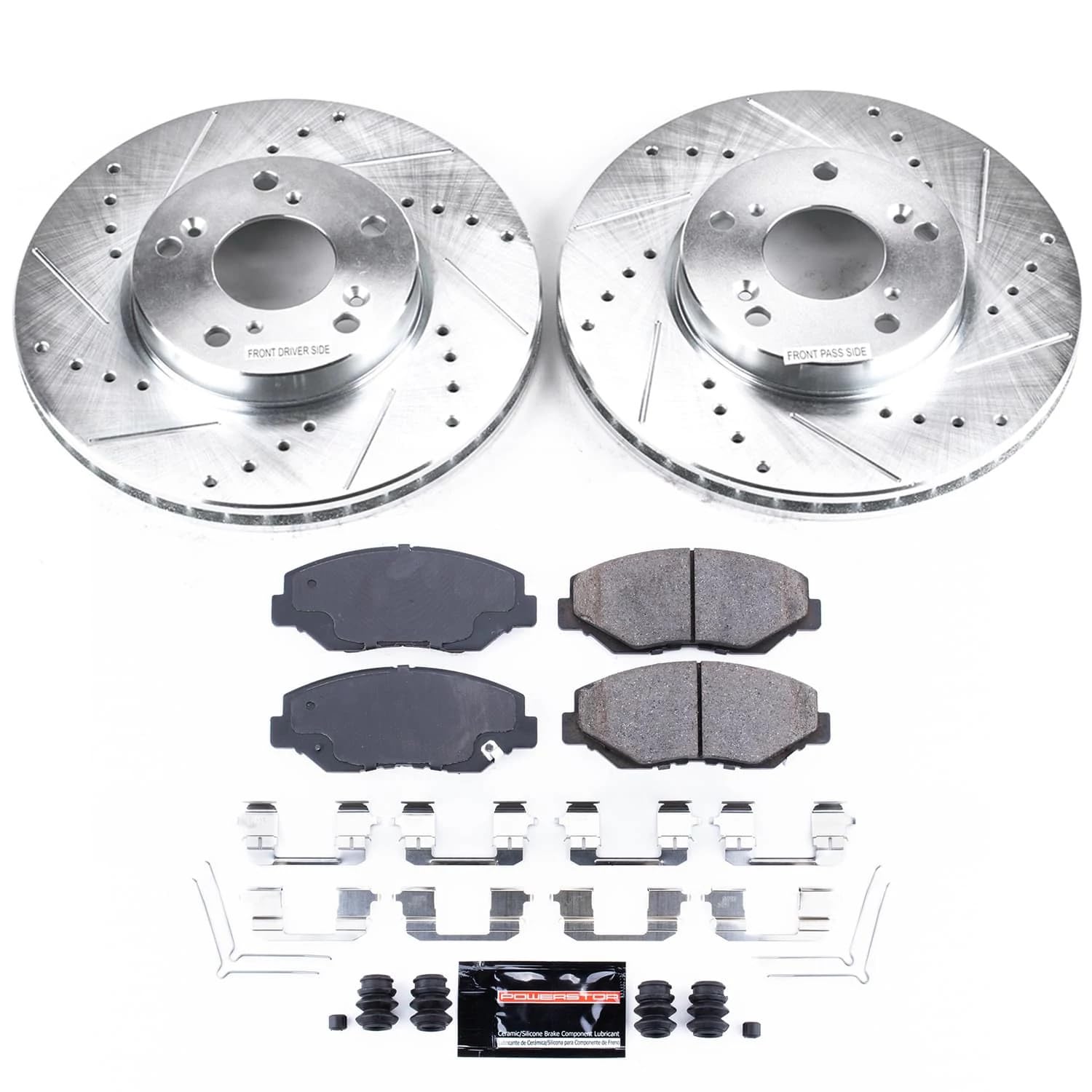 Power Stop Front Brake Kit - Ceramic Pads & 282mm Drilled/Slotted Rotors for Honda Accord/Civic/CR-V/Element, Model K1043, Silver