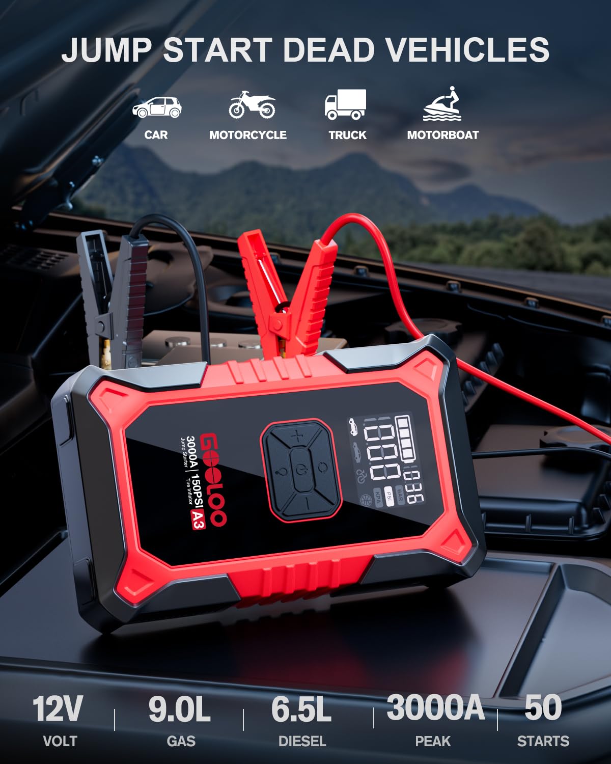 GOOLOO A3 Jump Starter & Air Compressor, 3000A for 9.0 Gas/6.5L Diesel, 150PSI Tire Inflator, Red, Model JS