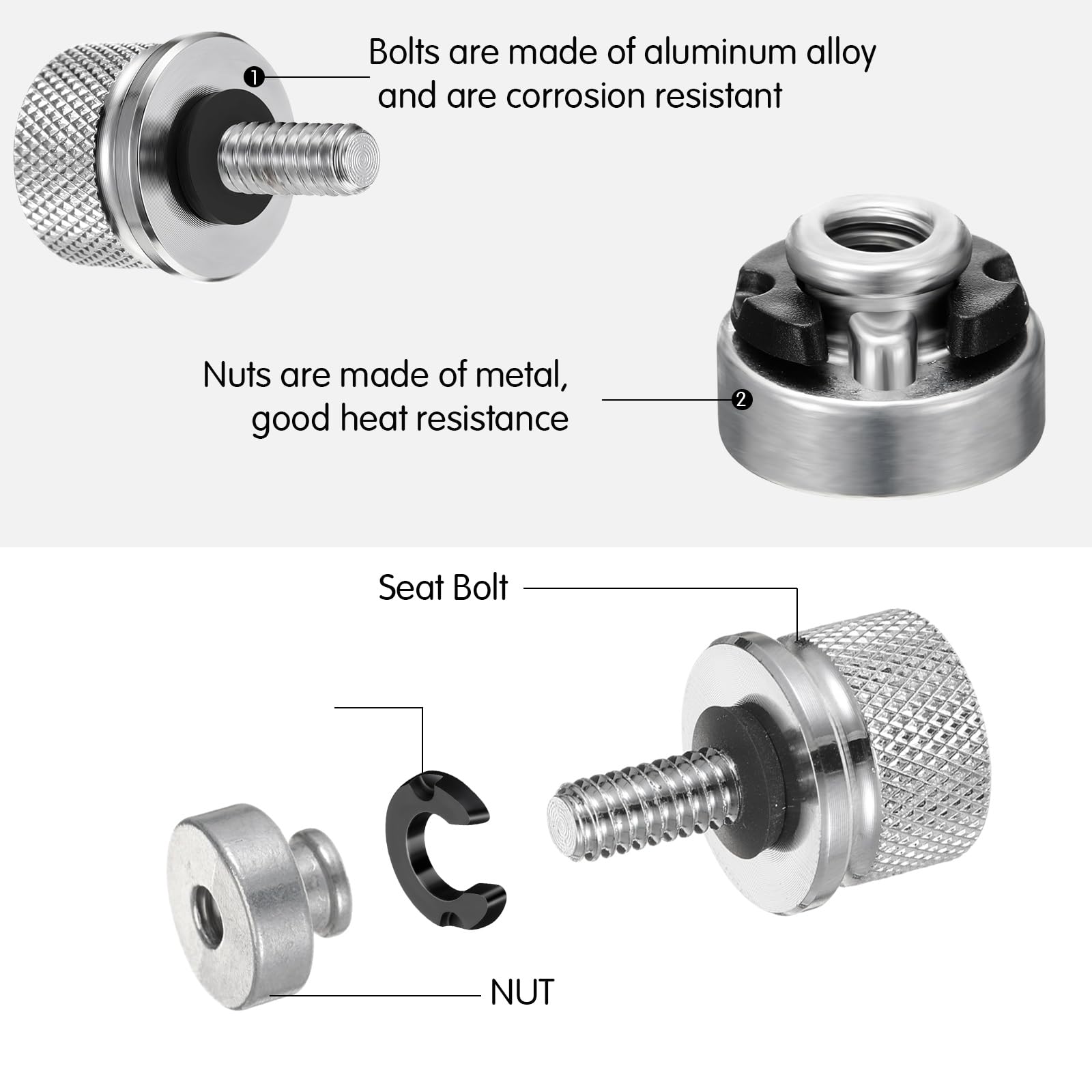 Therwen 8 Pcs Silver Seat Bolt Screw Nut Kit, 1/4-20 Thread, Compatible with Harley-Davidson Sportster, Softail, Touring, Dyna