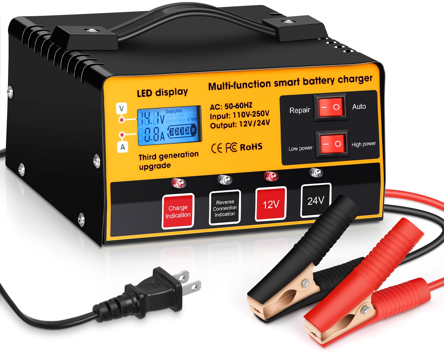 Outerman Car Battery Charger,12V-12A/24V-8.5Amh Smart Automatic Battery Charger,High/Low Power Trickle Charger Battery Maintaine