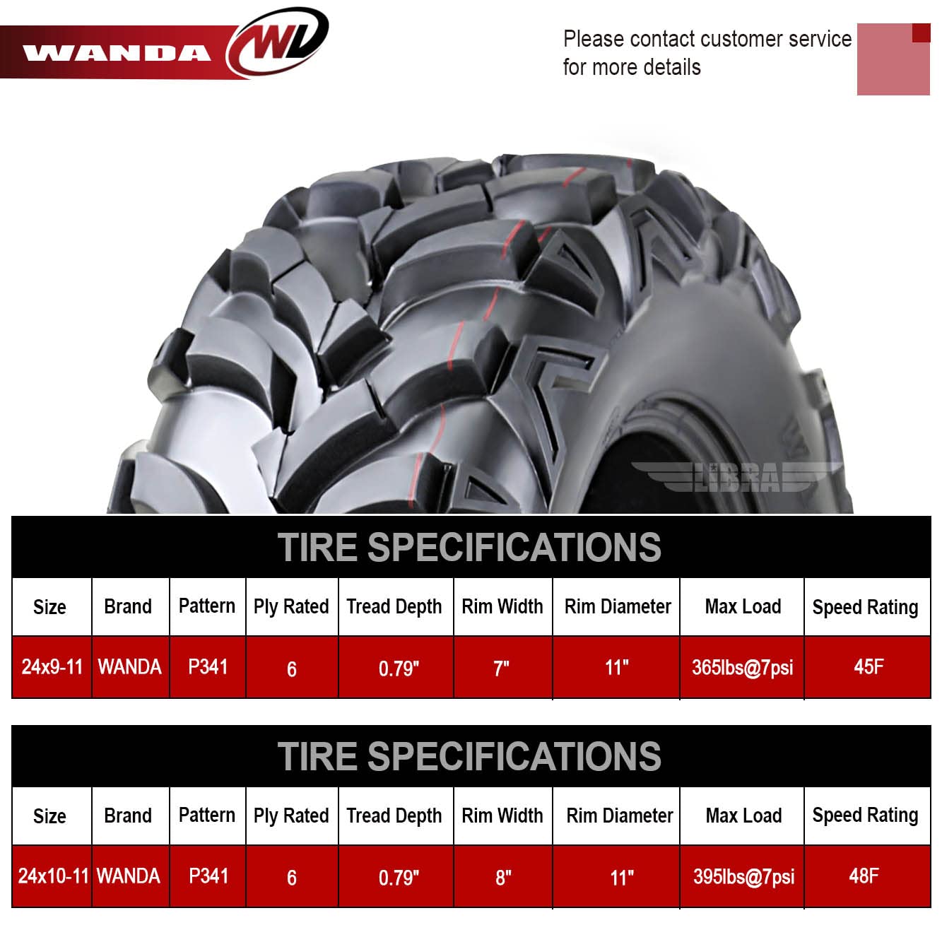 Wanda Set 4 At Master Atv/Utv Tires 24X9-11 Front & 24X10-11 Rear /6Pr P341