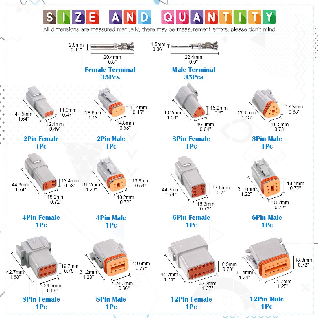Glarks 6 Sets 2 3 4 6 8 12 Pin Sealed Gray Male and Female Auto Waterproof Electrical Wire Connector Plug 22-16AWG Connector for