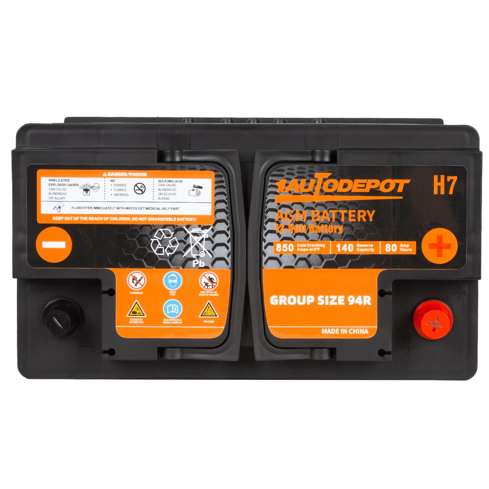 1AUTODEPOT BCI Group 94R Car Battery, 12V 80Ah AGM, 850 CCA, Maintenance Free, Model BAB-0071