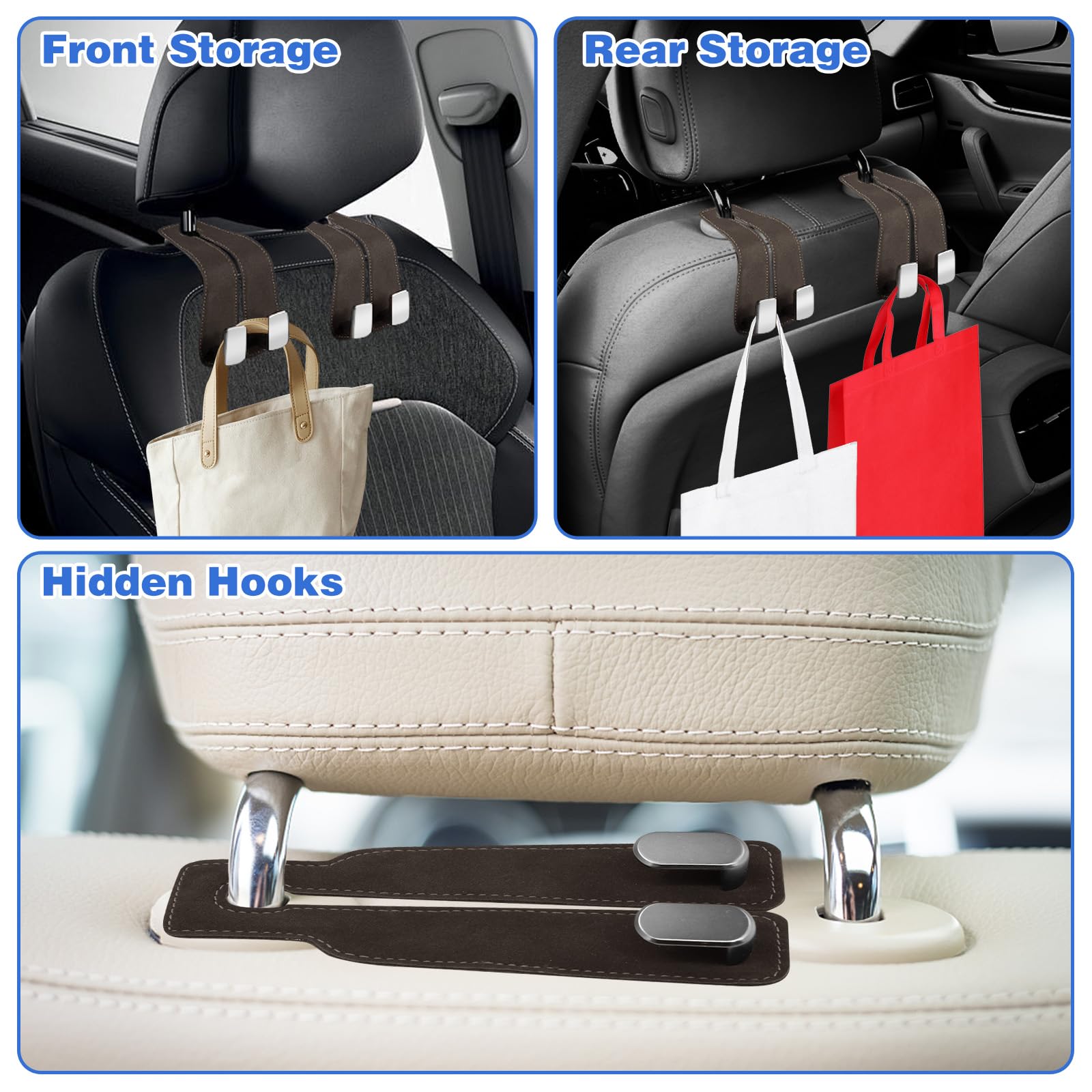 4Pcs Car Hooks For Headrest, Universal Mobile Phone Holder & Storage Hooks For Purses And Bags (Brown)