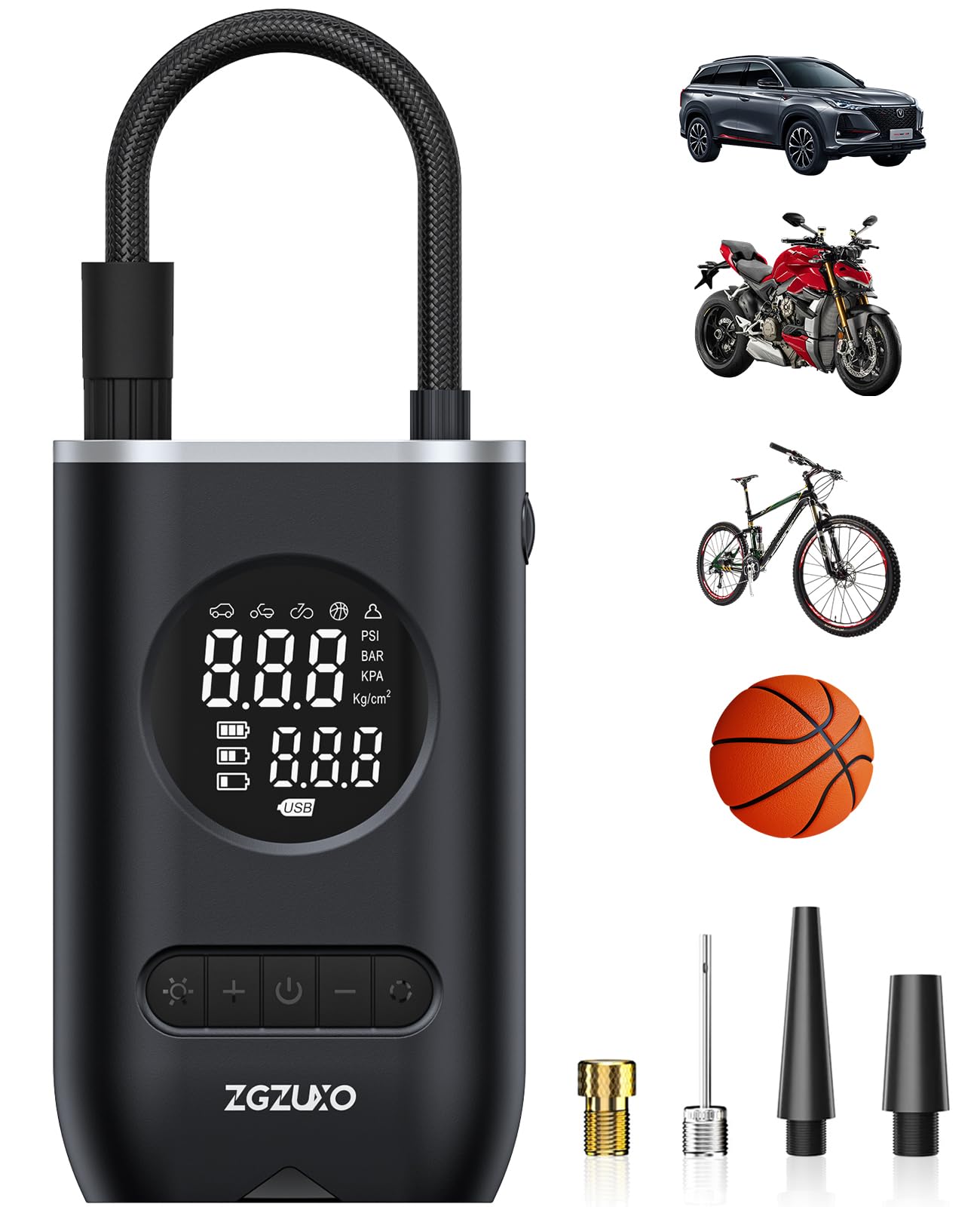 ZGZUXO Tire Inflator Portable Air Compressor 150PSI Cordless Pump for Car, Motorcycle, Bicycle - Black, Small, Model CZK-3668