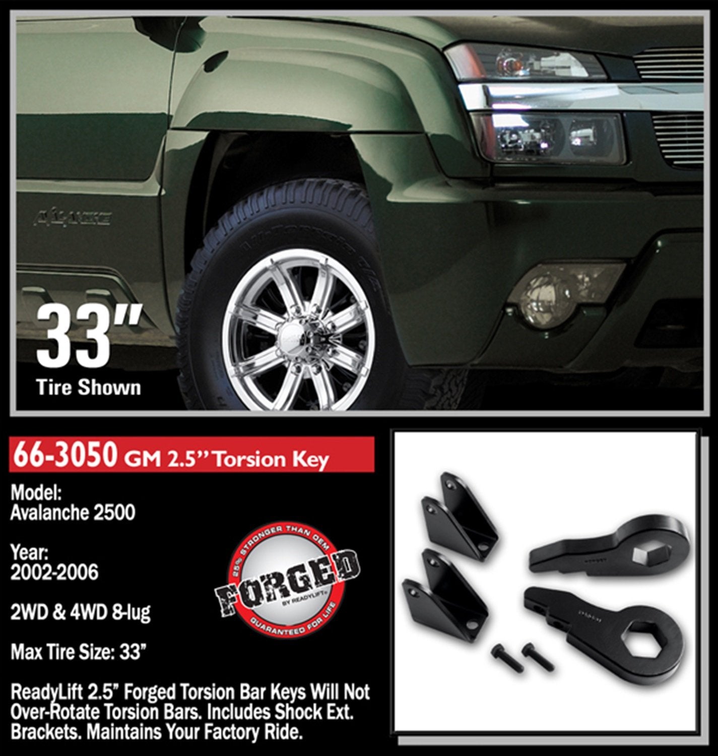 Readylift 66-3050 2.5 Front Leveling Kit W/ Forged Torsion Key - Gm Full-Size Truck Suv 2000-2012, Black, For Tires Up To 33