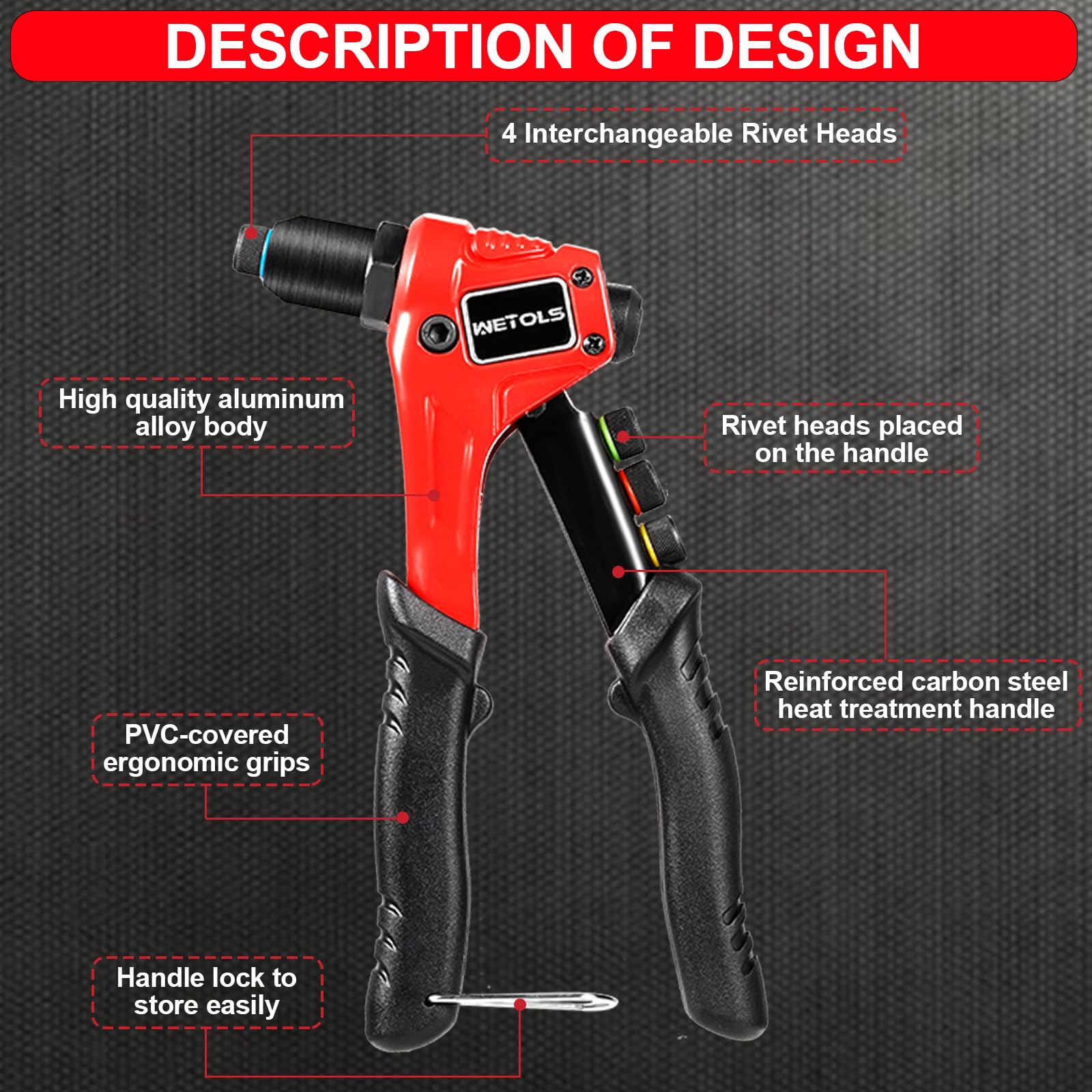 WETOLS Rivet Gun Kit WE-888 with 120 Rivets, 4 Interchangeable Heads, and Twist Drills - Manual Rivet Tool in Sturdy Case