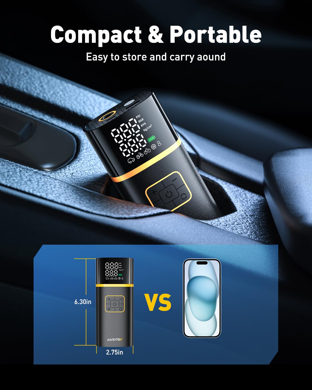 Auxito Tire Inflator Portable Air Compressor - Air Pump For Car Tires With Digital Pressure Gauge, Cordless Rechargeable Battery