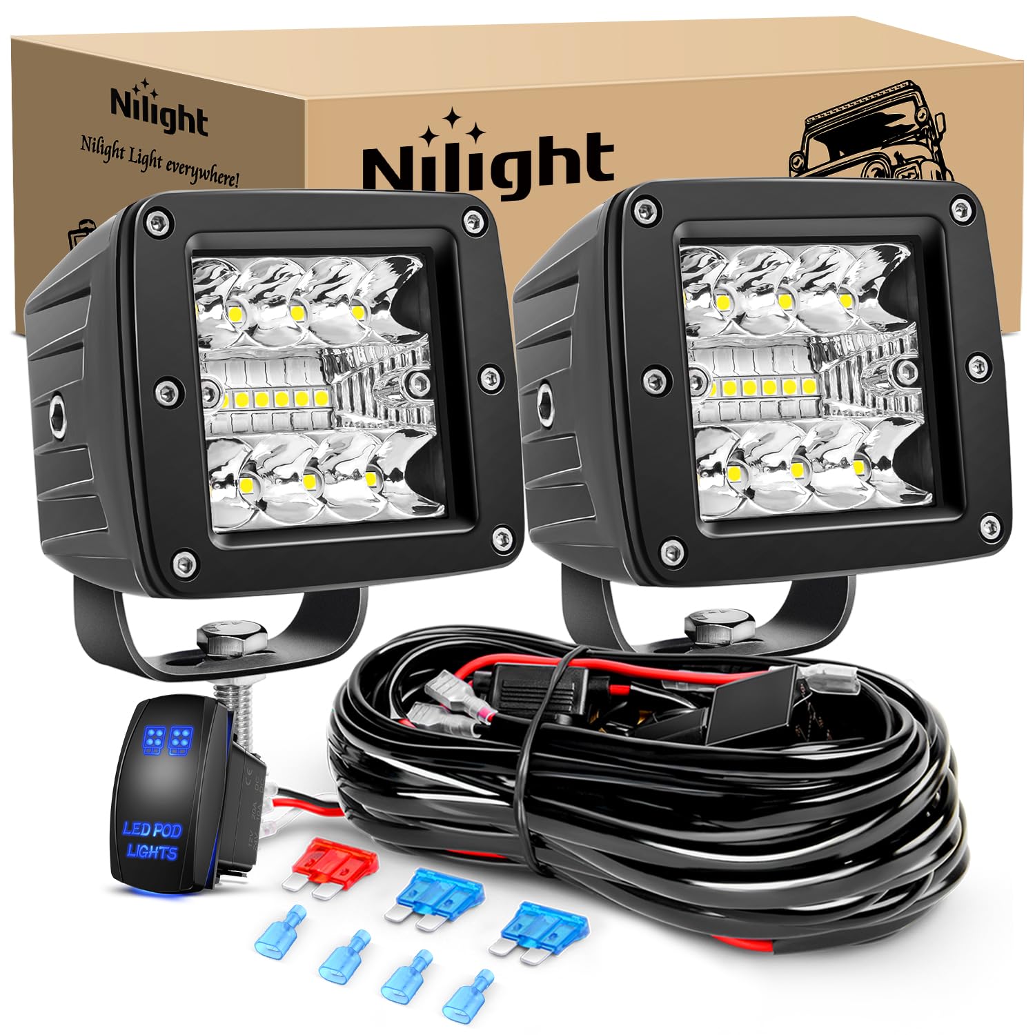 Nilight 2Pcs 3Inch 42W Led Cubes Upgraded Spot Flood Combo Square Driving Fog Off Road Lights 12V 5Pin Rocker Switch Wiring Harn