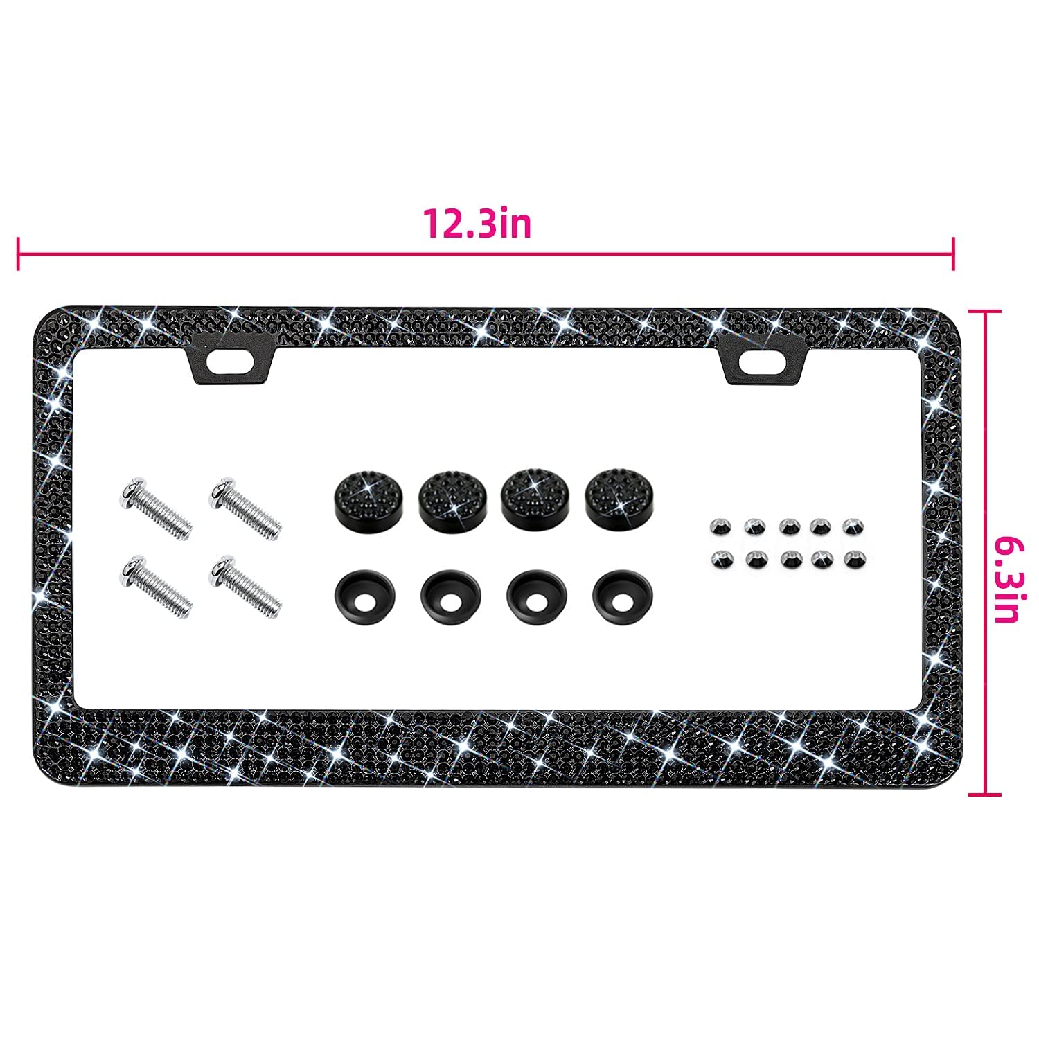 Bling Rhinestone License Plate Frame For Women 2Pc, Sparkly Stainless Steel Frames & Over 1200 Pcs Finest 14 Facets Black Glass