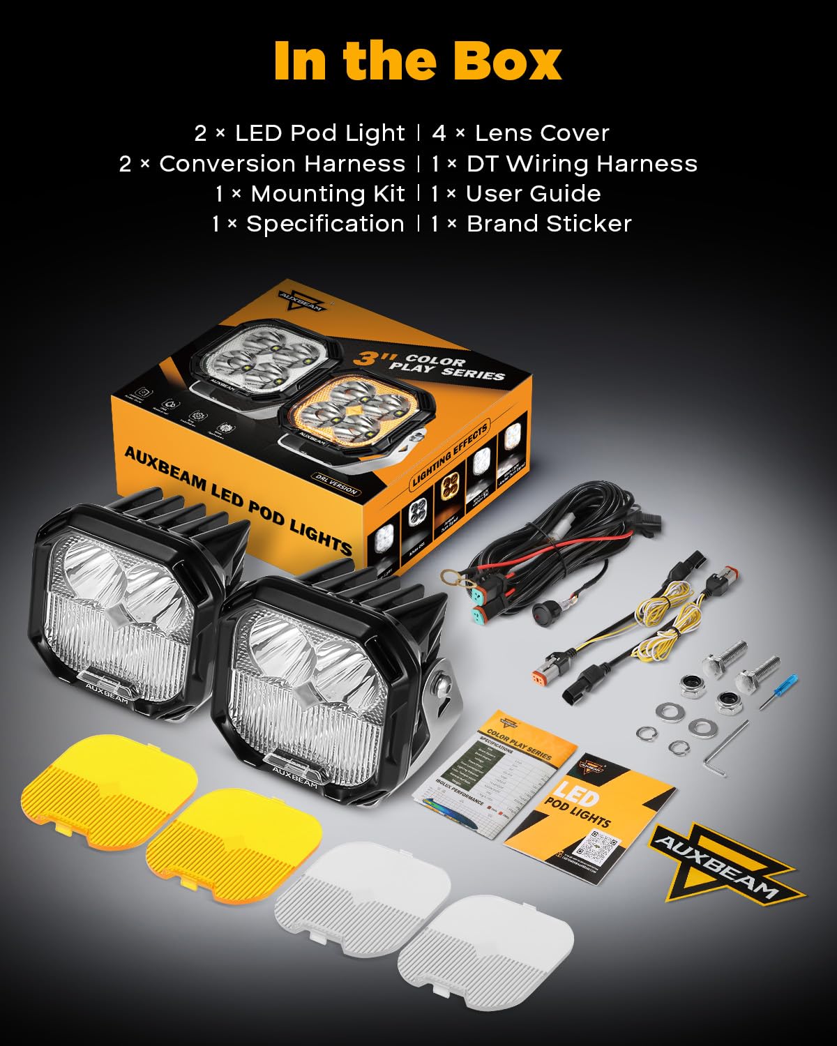 Auxbeam Color Play Series Flood Spot Combo Beam 3 Inch 100W Led Pod Lights With Amber/White Drl & Turn Signal Dual Color Lens Co