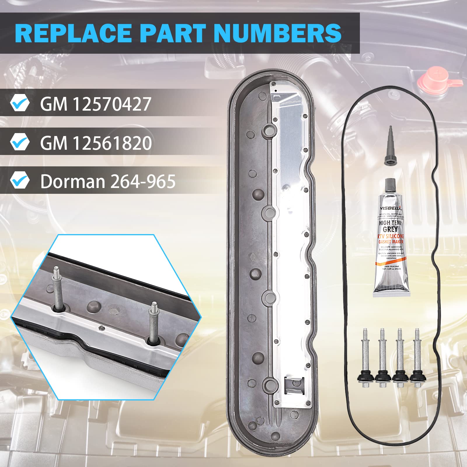 Valve Cover With Gaskets - Compatible With 1999-2010 4.8L, 5.3L, 5.7L, 6.0L, 6.2L Chevy Silverado, Suburban, Tahoe, Trailblazer,