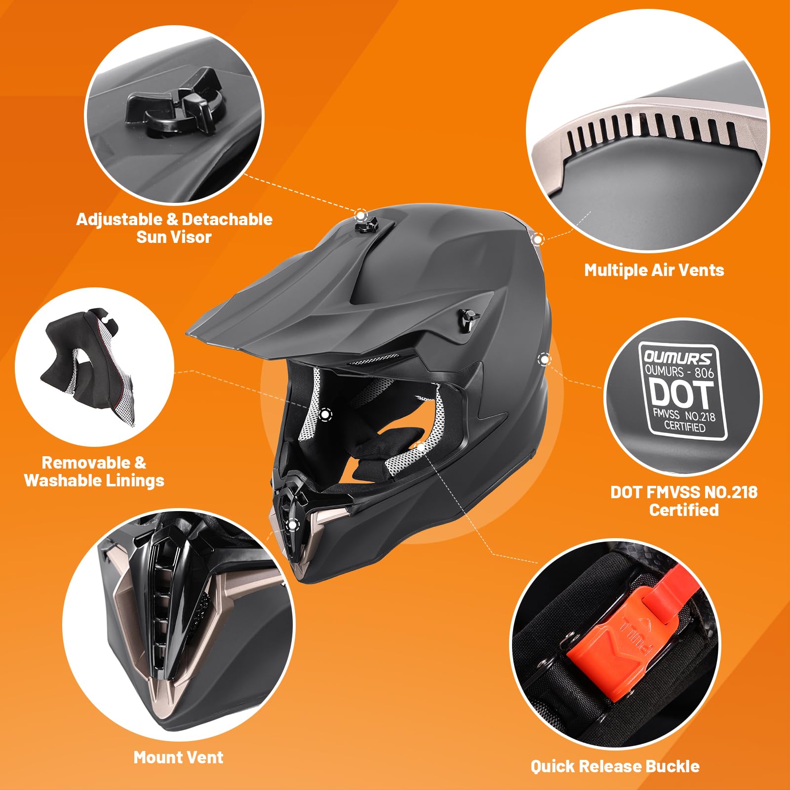 Oumurs Adult ATV Dirt Bike Helmet with Gloves & Mask, Matte Black, Medium, ABS, Off-Road Motocross, Adjustable Sun Visor