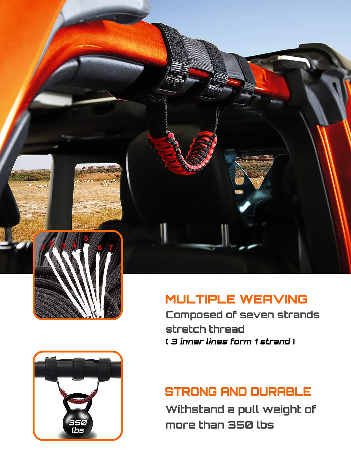 Savadicar 4 x Roll Bar Grab Handles Grip Handle for Jeep Wrangler CJ YJ TJ JK JKU JL JLU & Gladiator JT 1955-2023, Interior Acce