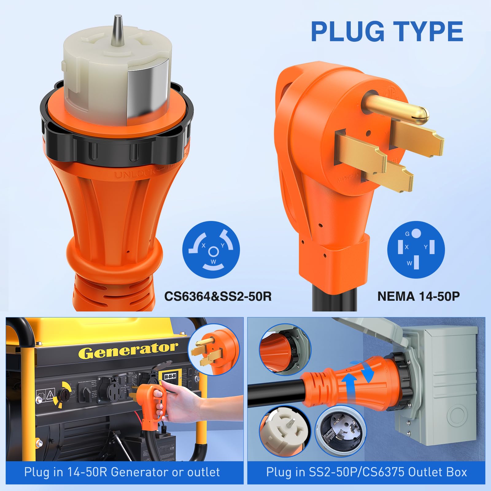 Nilight 50 Amp 25Ft Generator Extension Cord 250V 12500Watt Heavy Duty 6/3+8/1 Gauge Pure Copper Stw Wire Ul Listed 4 Prong 14-5