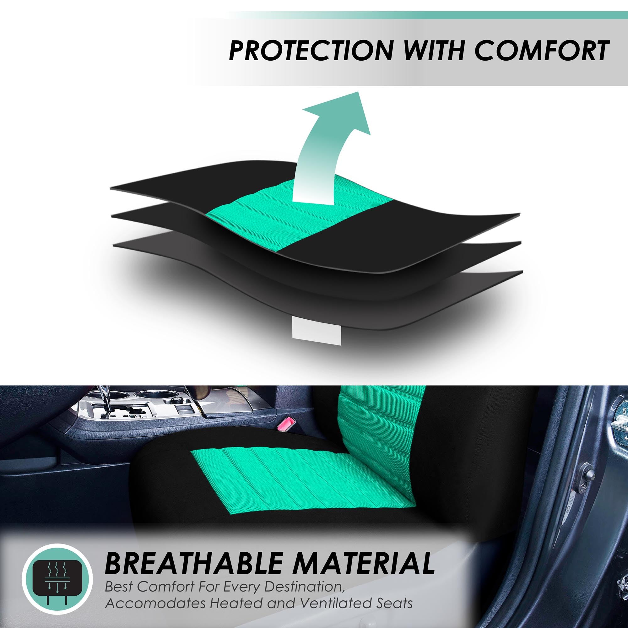 Fh Group Car Seat Cover Premium 3D Air Mesh Front Pair Set Car Seat Covers Airbag Compatible, Mint And Black Automotive Seat Cov