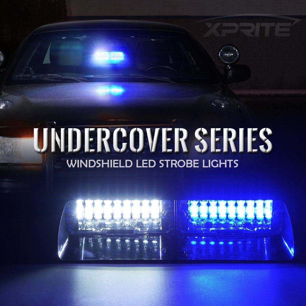 Xprite White Blue Led Emergency Dash Strobe Light, Interior Windshield Safety Warning Flashing Lights W/Suction Cups,12V Windshi