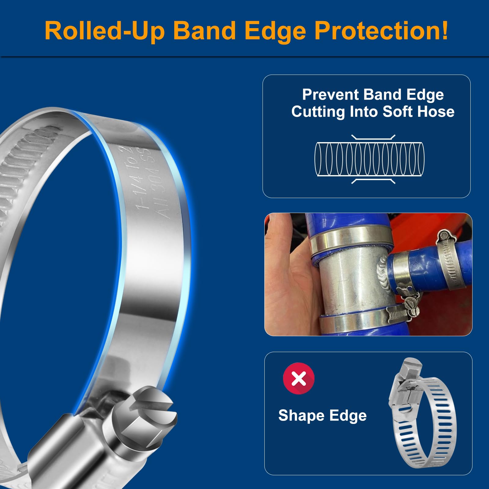 Steelsoft Non-Stripping Worm Gear Hose Clamp Size#10, 5/8 To 1-1/16 Inch Adjustable Stainless Steel Hose Clamps For 5/8''Id Fuel