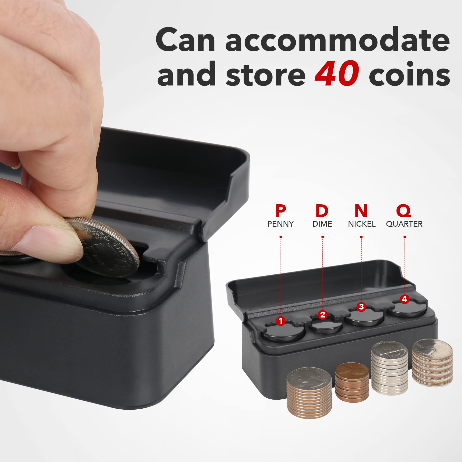 SINGARO Coin Holder for Car, 2PCS Black Coin Organizer for Different Sizes, Dash-Mounted for Cars & Trucks