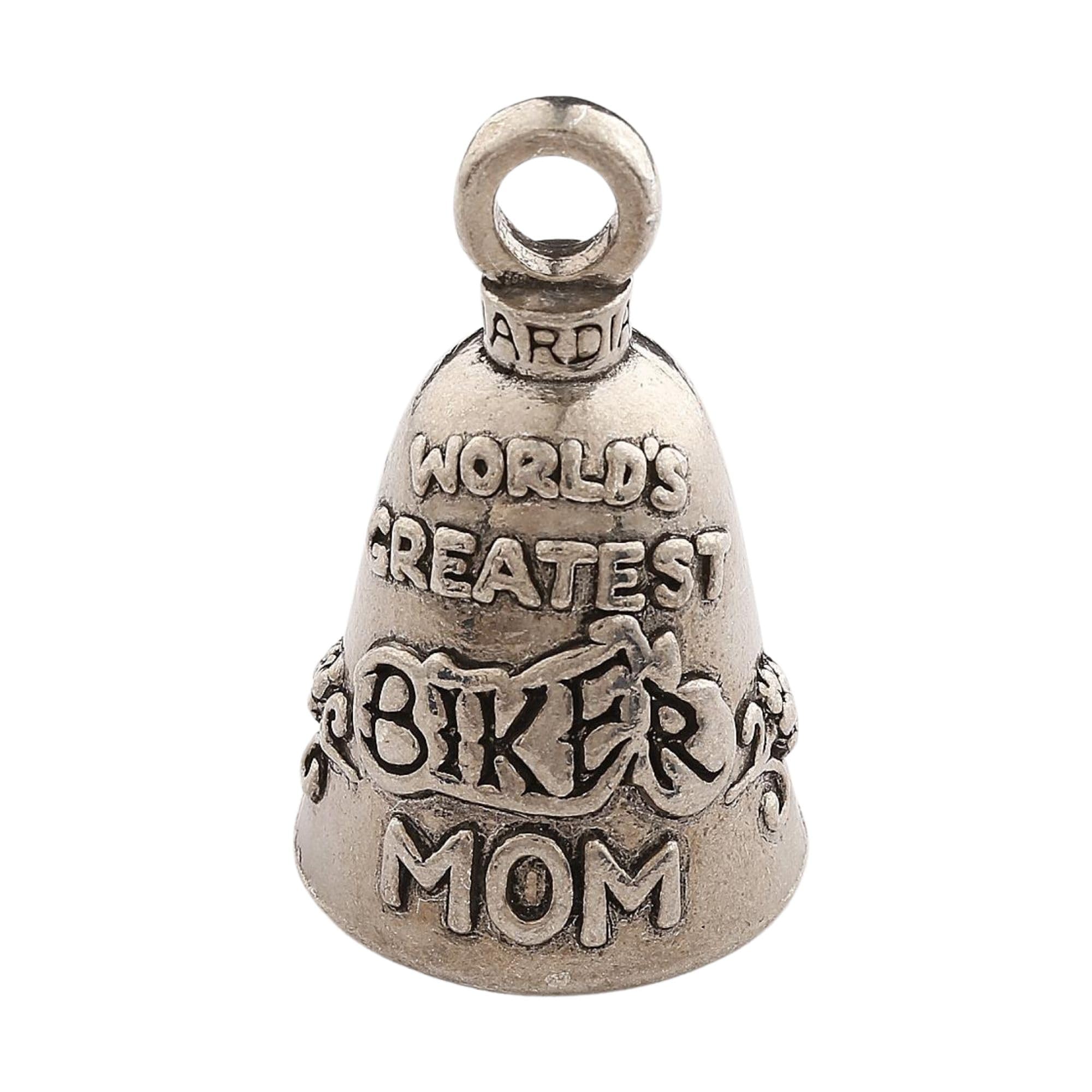 Guardian Bell Worlds Greatest Biker Mom Good Luck Bell w/Keyring & Black Velvet Gift Bag | Motorcycle Bell | Lead-Free Pewter |