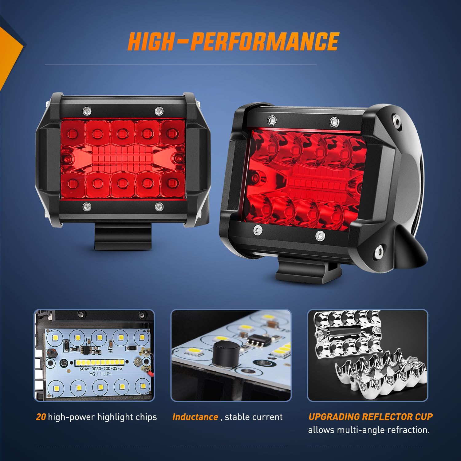 Nilight 4 Inch Led Light Pod Red Triple Row 2Pcs 60W Flood Spot Combo Driving Fog Lights Fishing Hunting Emergency Safety Signal