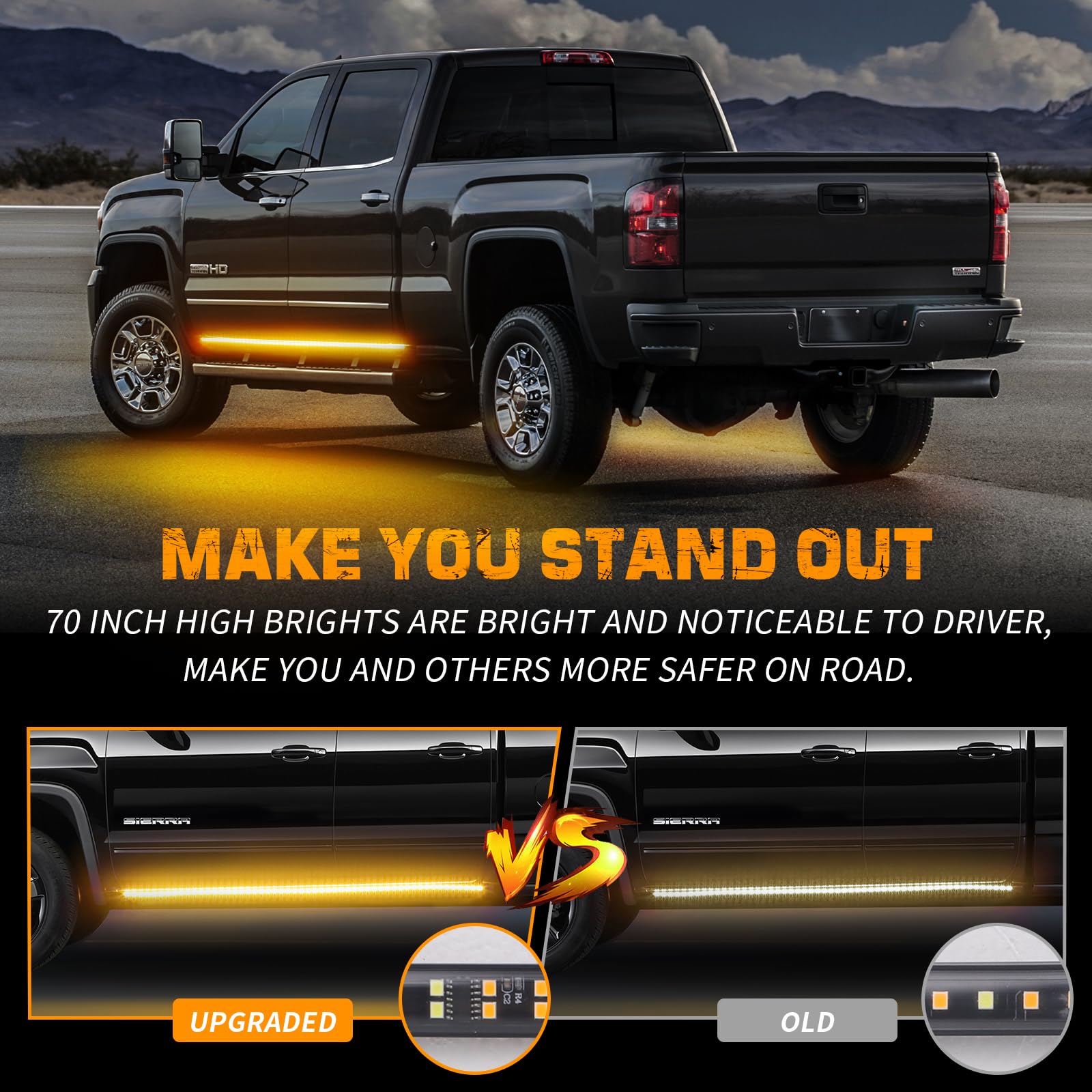 XRIDONSEN 2PCS Amber Strobe Lights - 70 inch LED Emergency Safety Strip for Trucks, SUVs, Construction Vehicles - Model XR-620, Waterproof