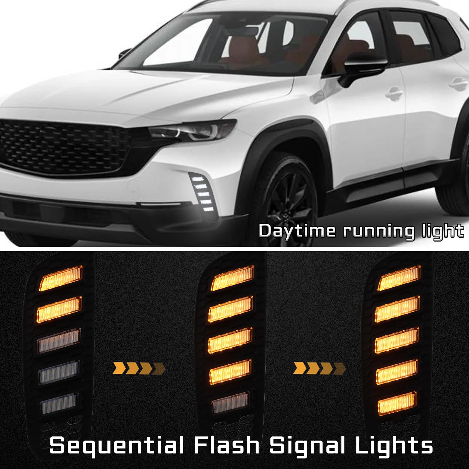 PGTOPONE Switchback White/Amber LED Fog Light with Sequential Turn Signal for Mazda CX-50 2023-2024, Smoked Trim, Model PGCX50DRL20231106