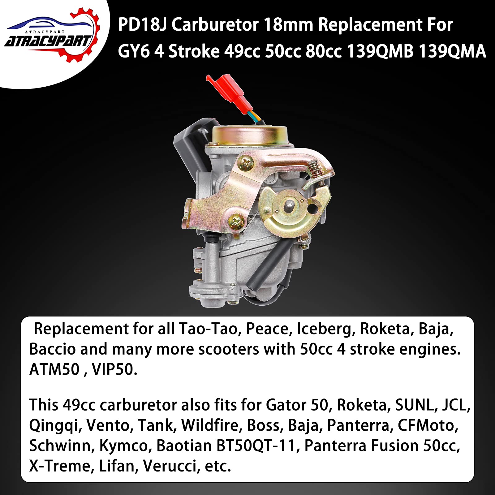 ATRACYPART GY6 50cc Carburetor PD18J 18mm for 4 Stroke 49cc 50cc 80cc Moped Engine with Intake Manifold, Fuel