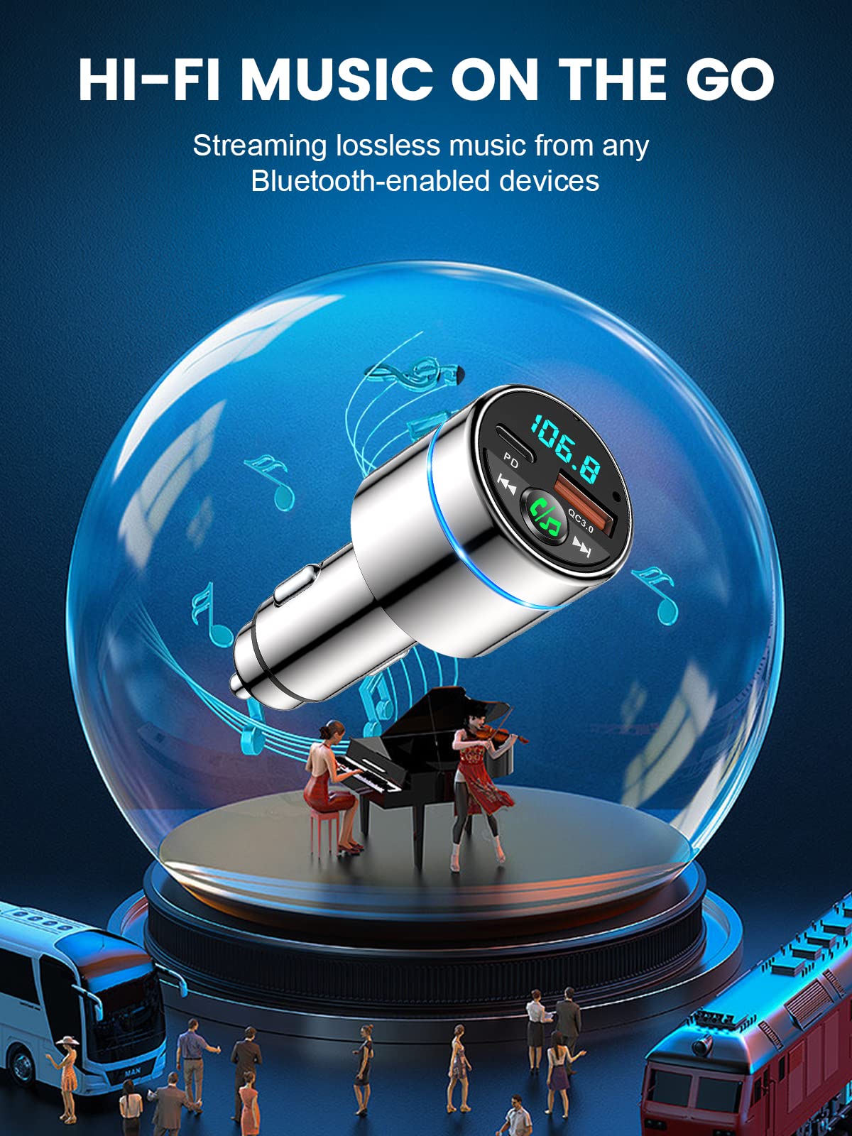 RIWUSI FM Transmitter for Car Bluetooth 5.3, PD 30W & QC3.0 Charger, Silver, Noise Cancelling Hands-Free Call, Small Size
