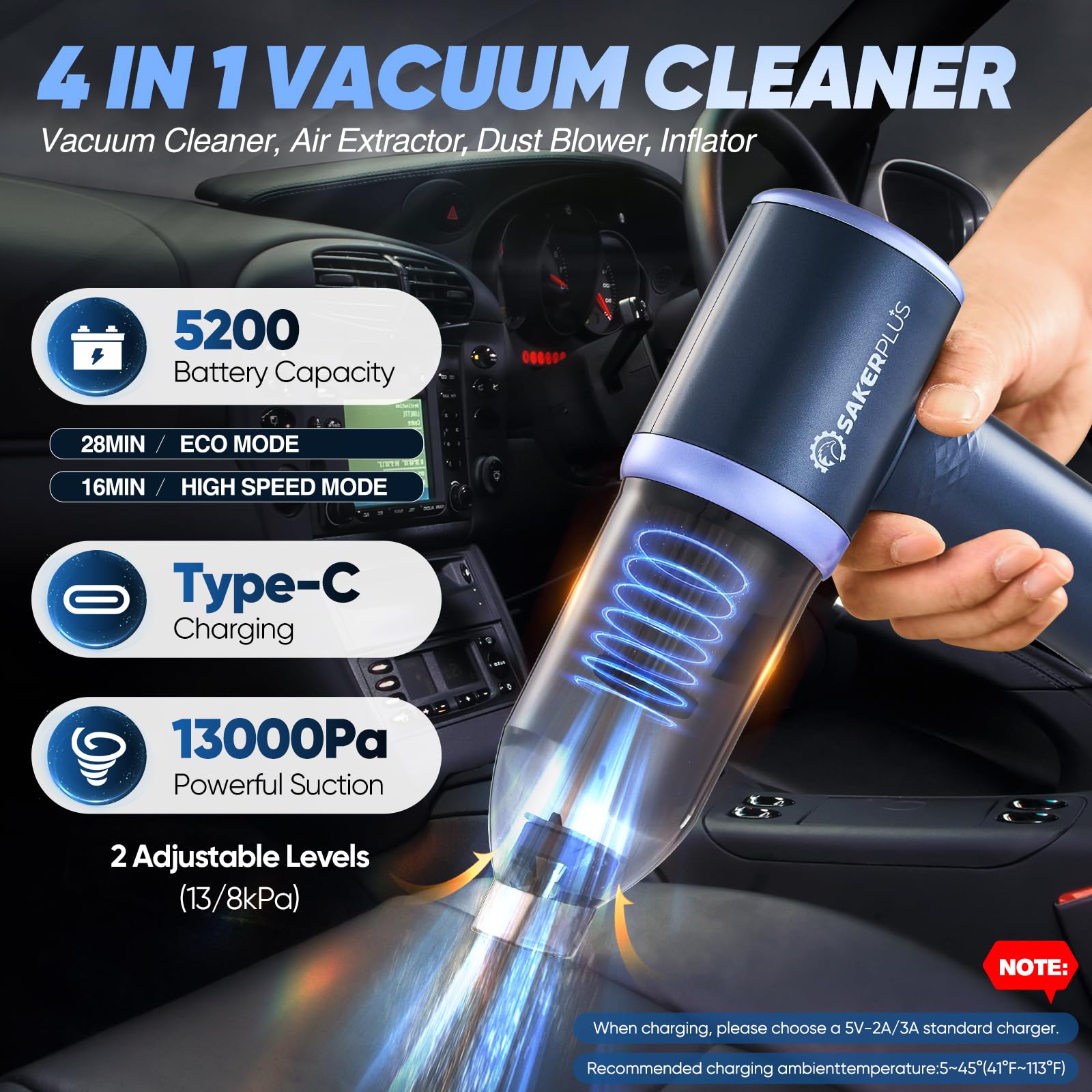 SakerPlus 3-in-1 Cordless Car Vacuum Cleaner, 13000Pa Power, Model DB-S03, Deep and Light Blue