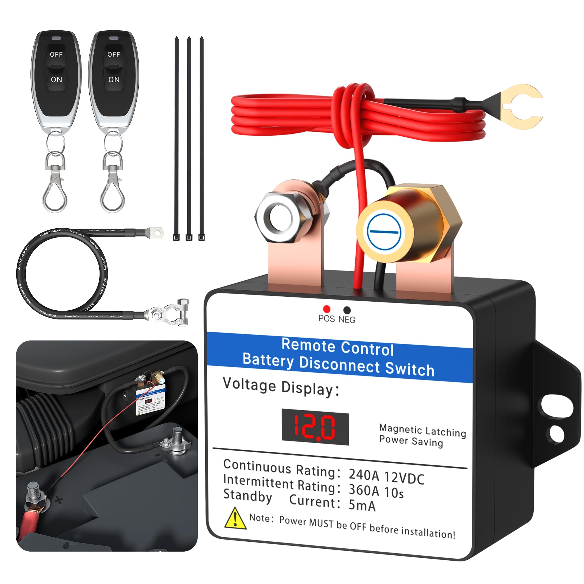 Joinfworld Kill Switch For Car 12V 360A Remote Battery Disconnect Switch With Led Voltmeter Smart Anti-Theft Remote Control Swit