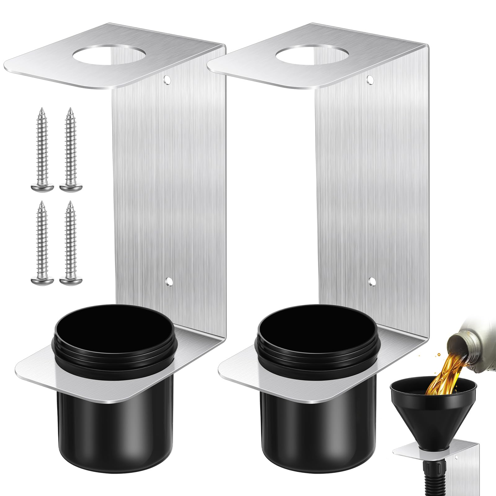 Yaocom 2 Sets Aluminum Oil Funnel Holder Storage Rack Include 2 Pcs Mounting Bracket with 4 Screws 2 Plastic Removable Cups for 