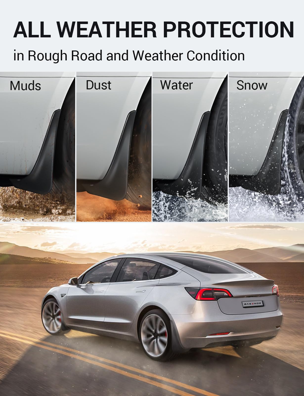 Basenor 2017-2023 Tesla Model 3 Mud Flaps Splash Guards Fenders No Drilling No Tape Mudflaps All Weather Protector Mudguards For