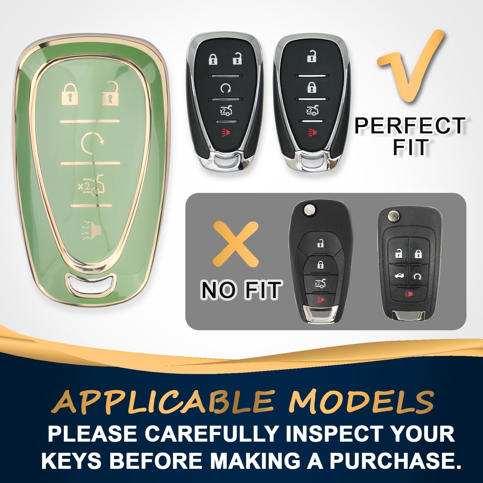 QBUC Key Fob Cover for Chevy, 5-Button Soft TPU Case, Gold/Green Trim, Compatible with 2016-2025 Equinox, Malibu, Camaro, Blazer