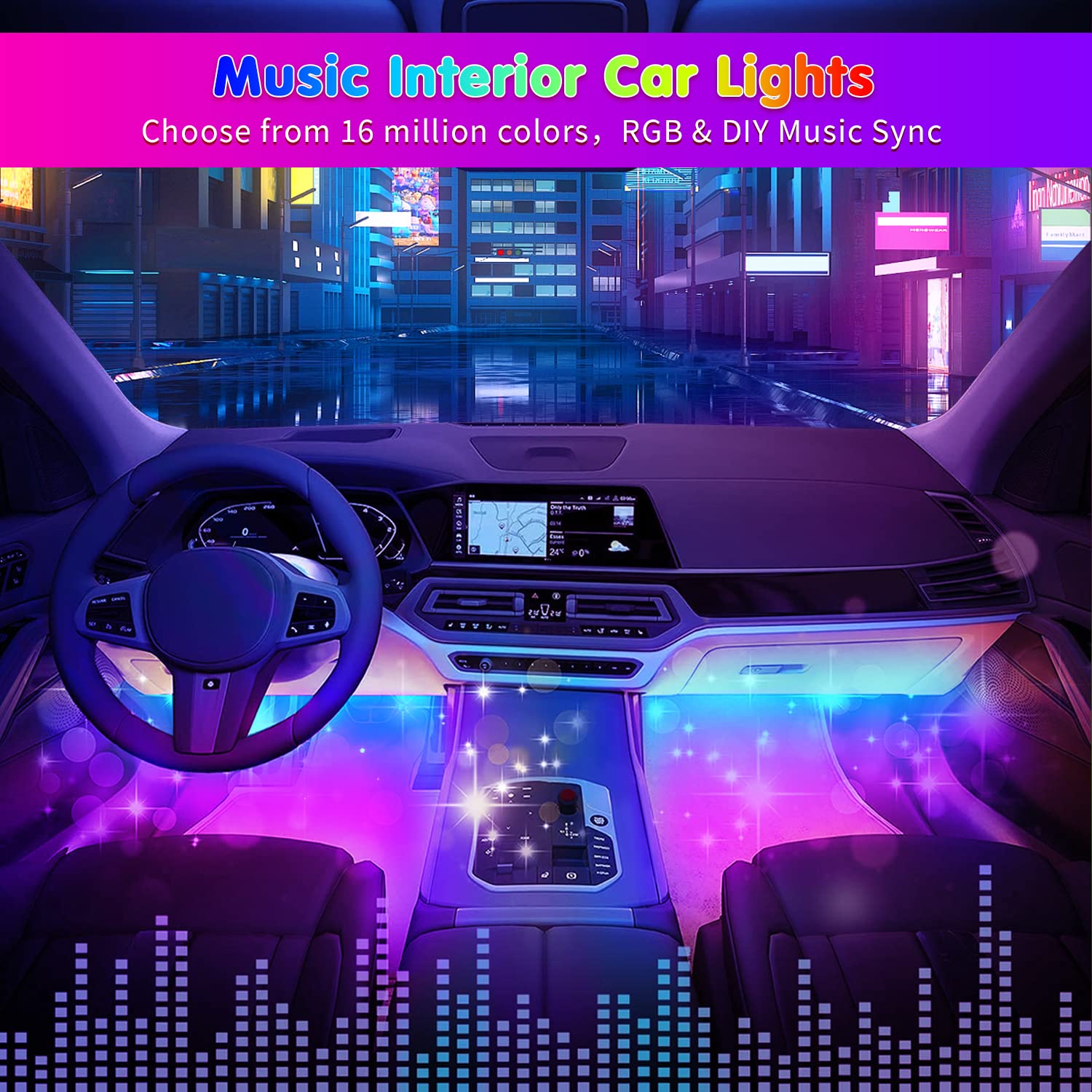 Rgb Interior Car Strip Lights With Smart App Control, Music Sync Under Dash Footwell Neon Internal Lighting Kit Multicolor,12V L