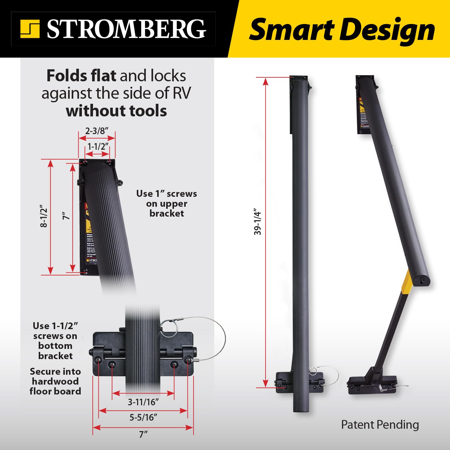 Stromberg Carlson AR-42 Banister Rail - 42" Black Aluminum Handrail for RV Steps, Ribbed Grip, Folds Flat & Locks Easily