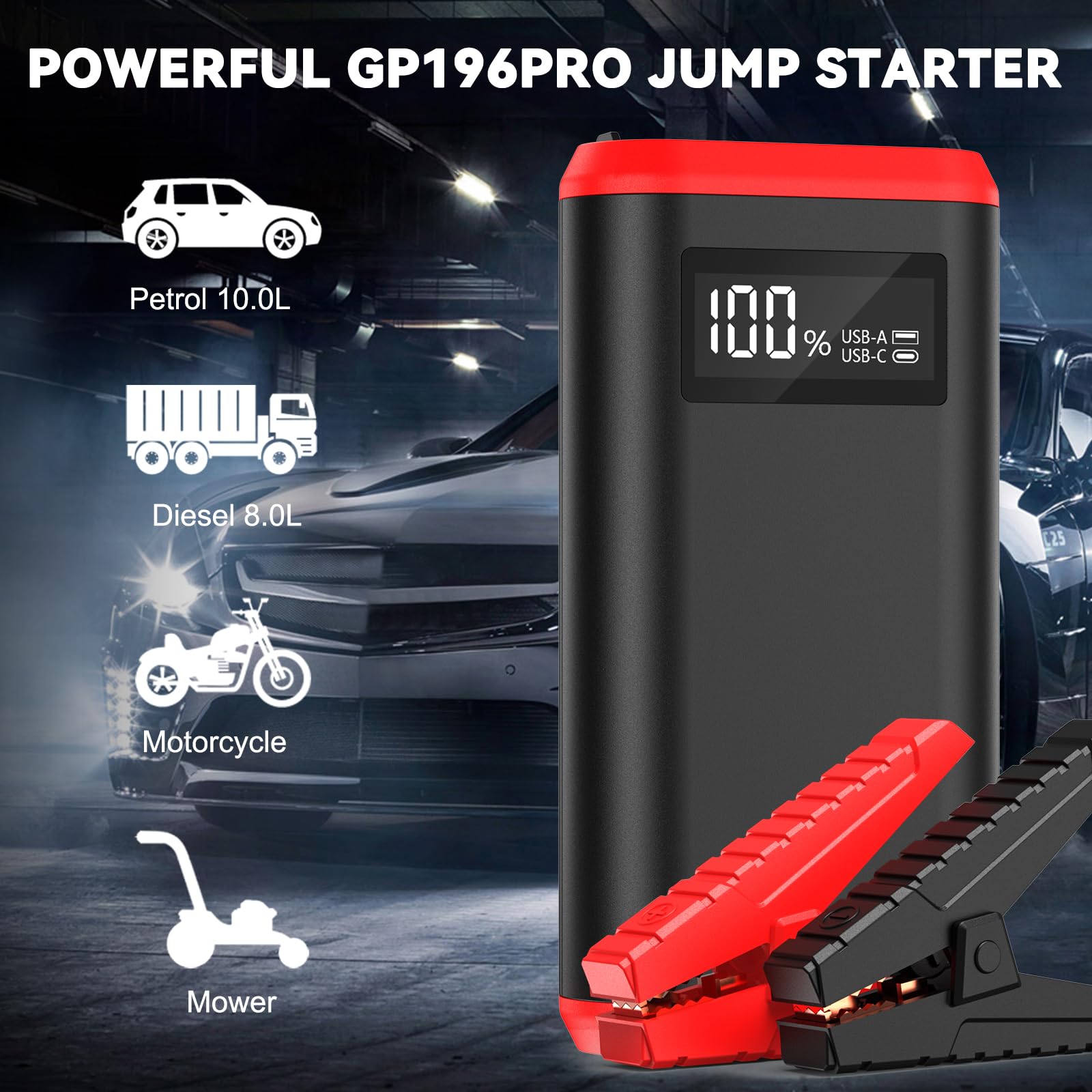 GREPRO Car Battery Jump Starter 3000A for 10L Gas & 8.0L Diesel, Portable 12V Jumper Box with LCD Display, Red, Model GP196 Pro