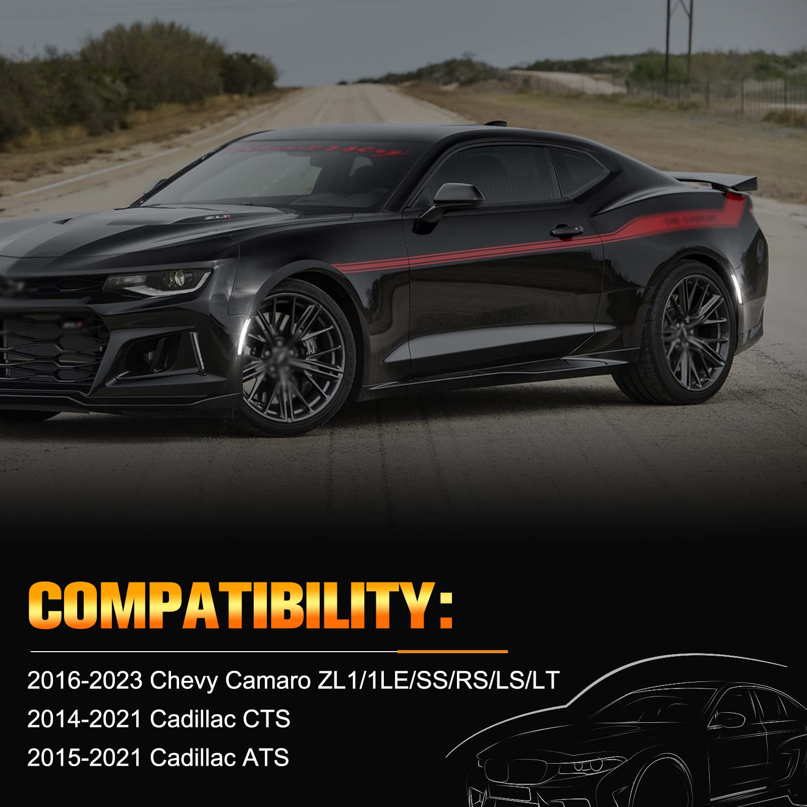 Gempro LED Side Marker Lights for 2016-2023 Chevy Camaro, White Reflectors, Smoked Lens, 4PCS, Acrylonitrile Butadiene Styrene