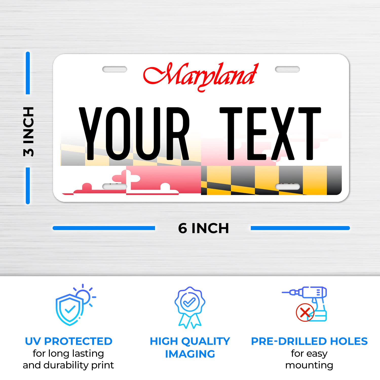 Sigo Signs Custom Maryland Mini License Plate, 3x6 Inches, Rust Free Aluminum, Personalized Front Car Sign