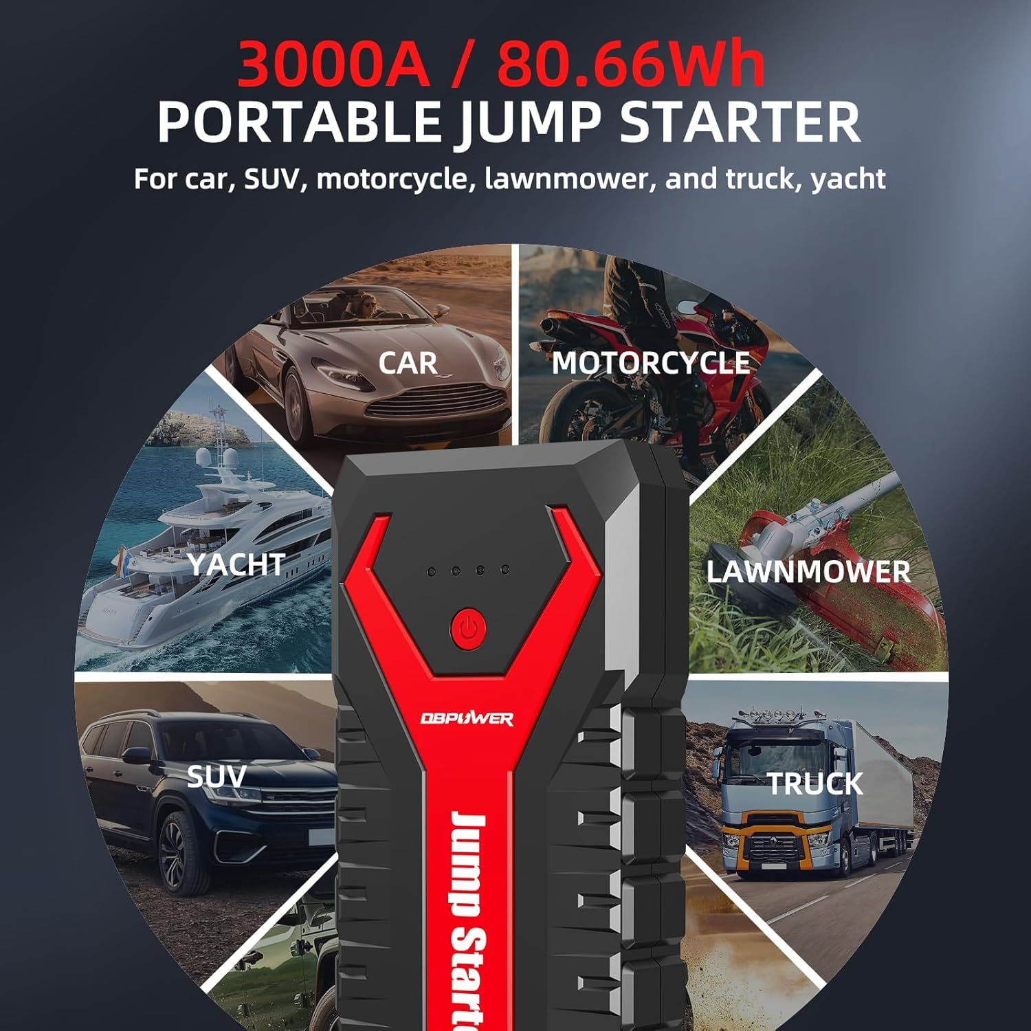 DBPOWER G16 Portable Car Jump Starter 3000A 12V Battery Booster, Quick Charge, LED, Compact, Red