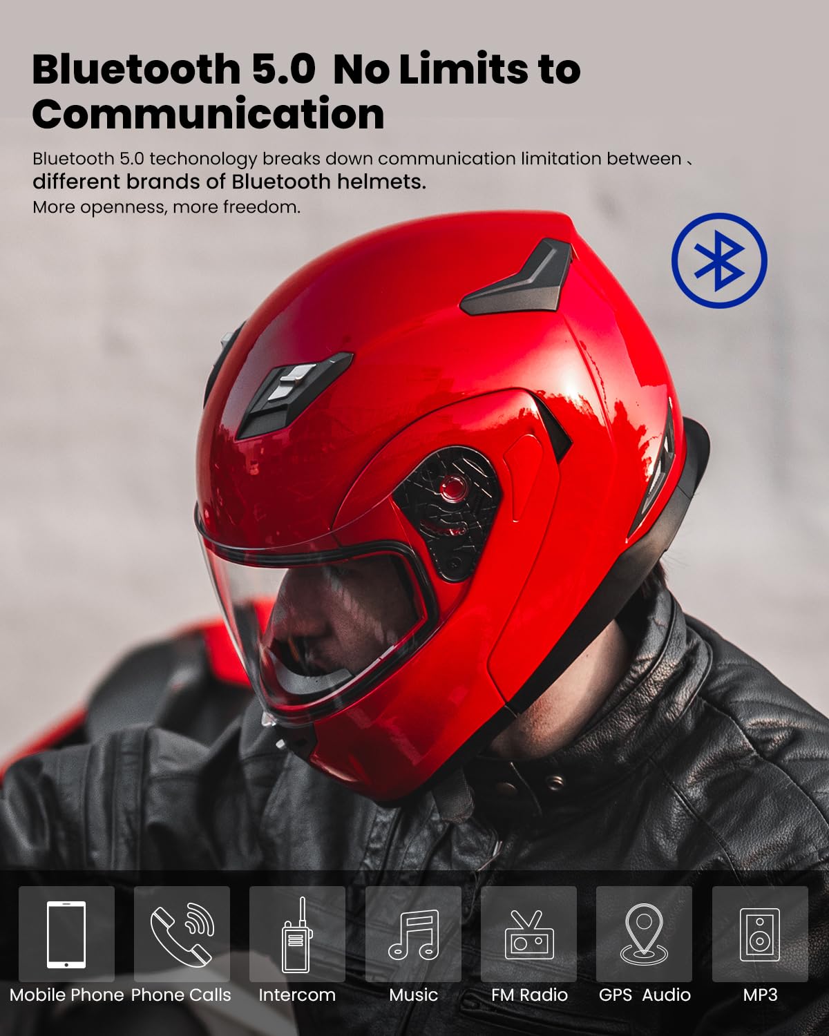 Ilm Bluetooth Integrated Modular Flip Up Full Face Motorcycle Helmet Sun Shield Mp3 Intercom Model 953Pro (S, Red)