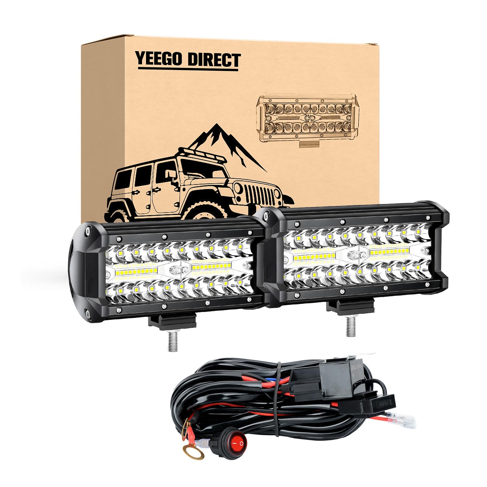 YEEGO DIRECT LED Light Bar, 7 Inch Off Road Lights 240W 24000lm with Wiring Harness (10ft /2 Lead), Waterproof Spot Flood Combo 