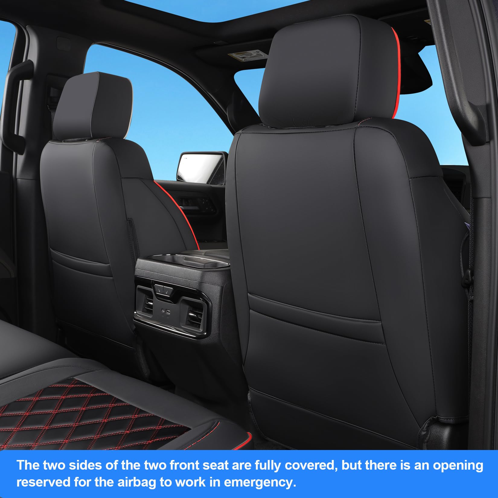 TANDI Faux Leather Seat Covers for 2019-2025 Chevy Silverado & GMC Sierra, Full Set (SG-A), Black with Red Trim