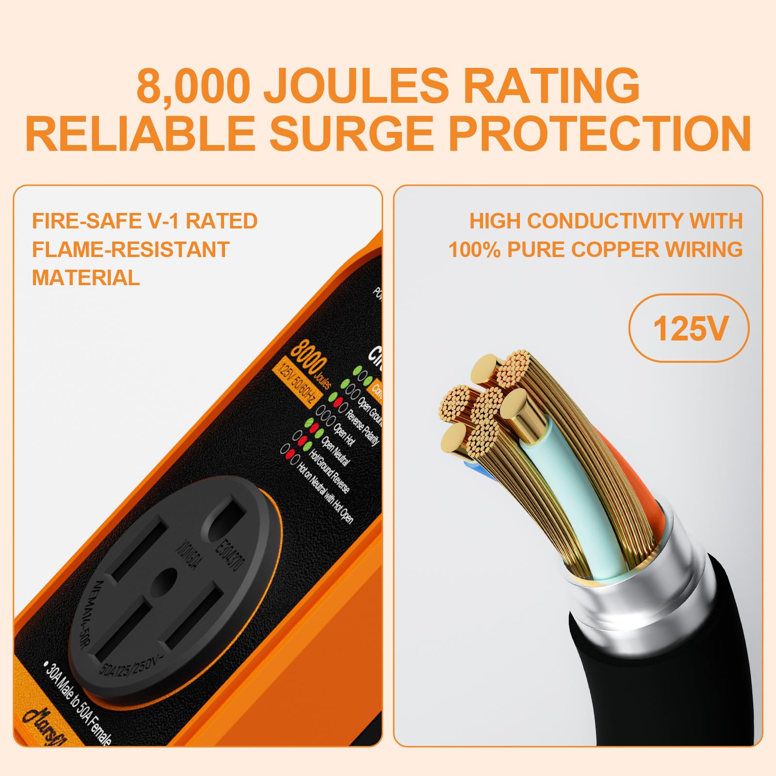 Marsflex RV Surge Protector 15A to 50A, 8000 Joules, Waterproof Cover, Orange, Model RVPA01009